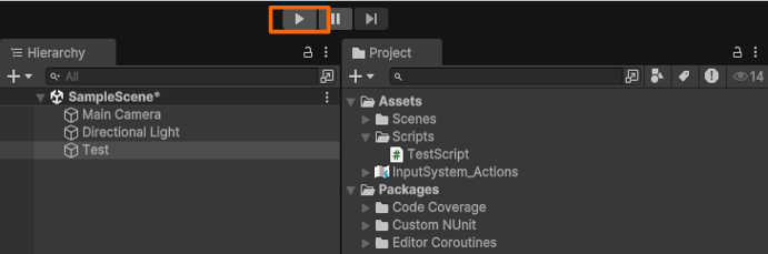 [IMAGE_PLACEHOLDER: Unity エディタの再生ボタンと実行状態の表示]